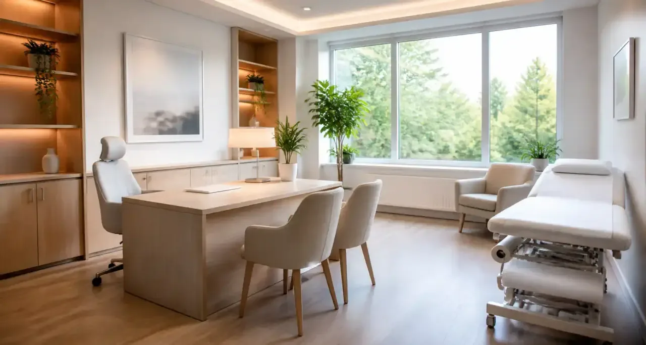 Cabinet de consultation moderne avec bureau, fauteuils et table d'examen