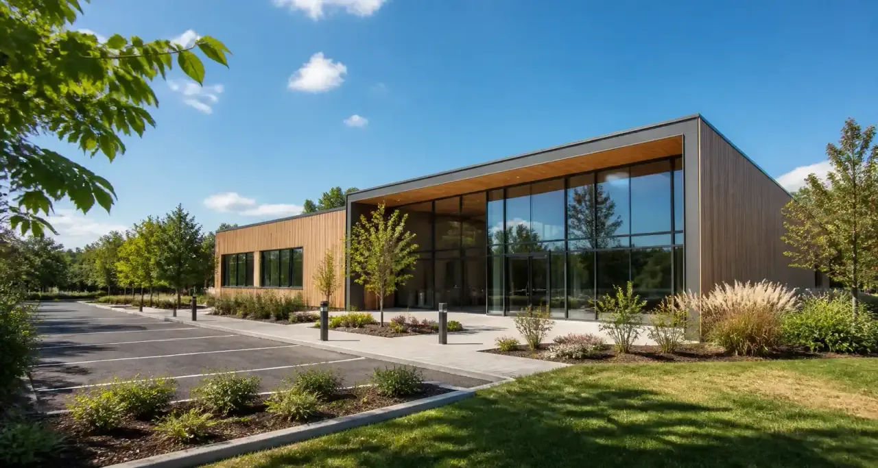 Façade d'une maison de santé pluriprofessionnelle contemporaine en bois et verre