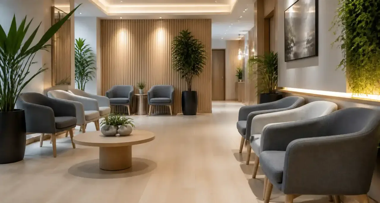 Salle d'attente d'un cabinet médical avec fauteuils et plantes vertes