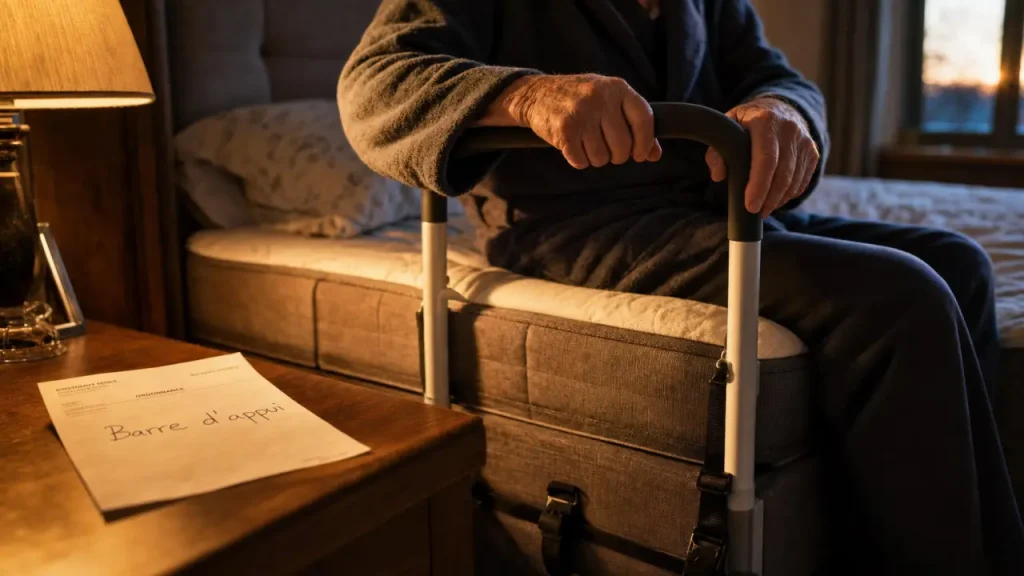 Matériel médical pour se lever du lit : barre d’appui au bord du lit