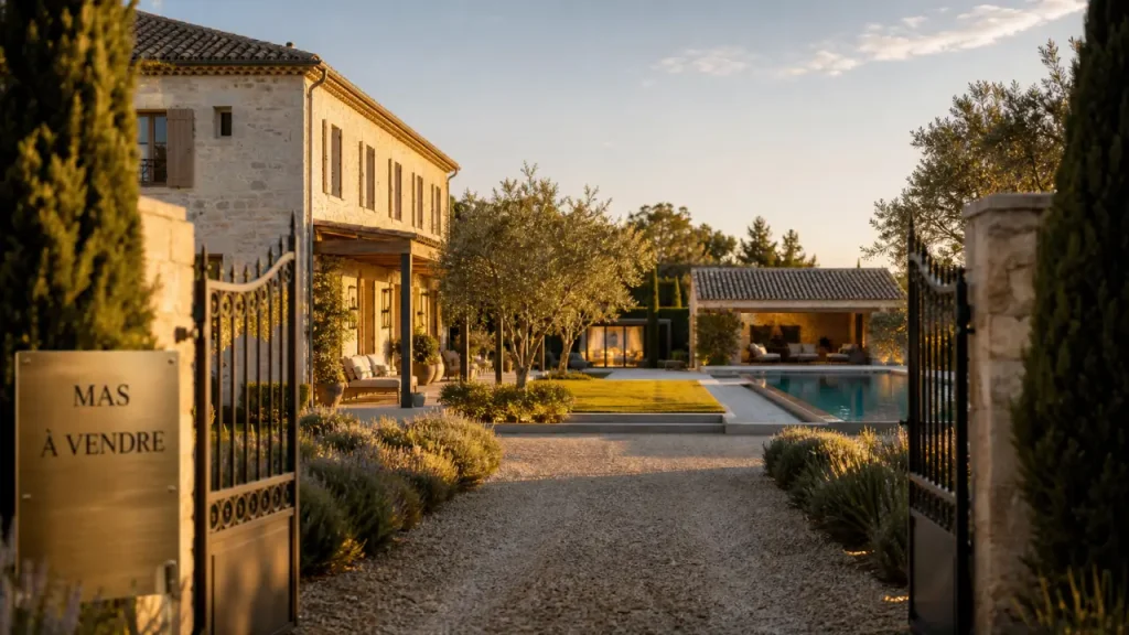 Achat mas var : mas provençal rénové, piscine et jardin, vue portail fer forgé