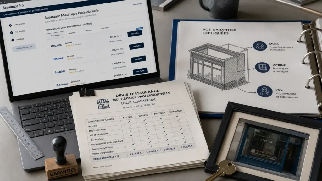 Comparateur assurance local commercial en ligne : repérer garanties et trous de couverture
