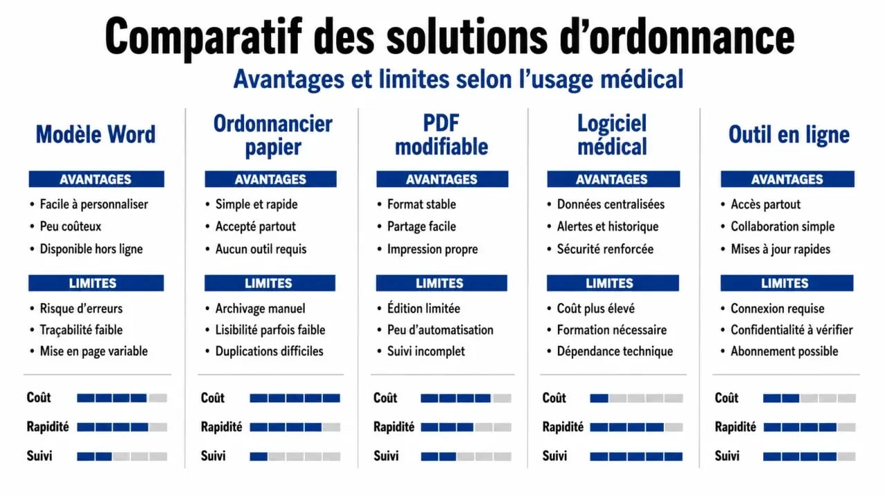 Modèle ordonnance medicale word gratuit : comparaison entre Word, papier, PDF, logiciel médical et outil en ligne