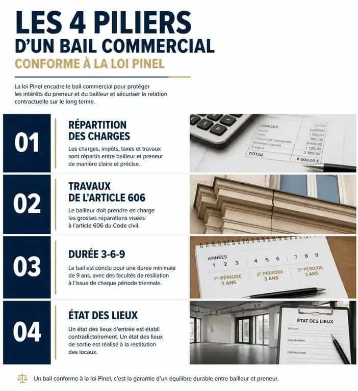 Infographie des piliers de la loi Pinel pour un bail commercial conforme