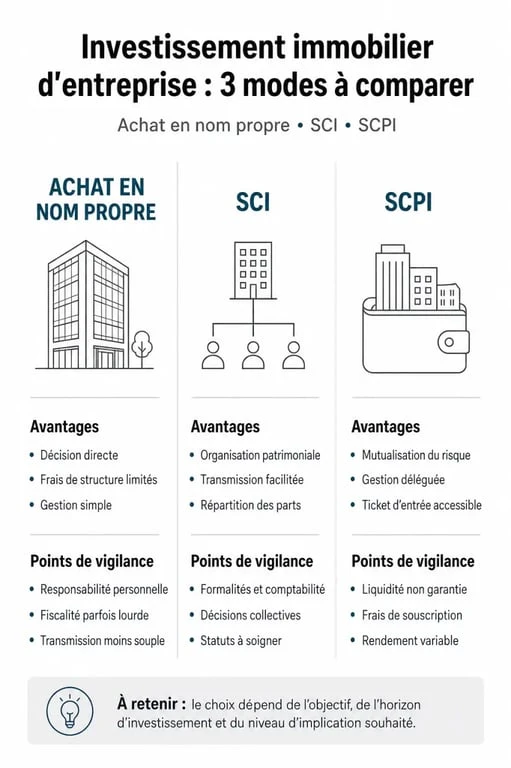 Comparatif des modes d'investissement immobilier d'entreprise : achat direct, SCI et SCPI