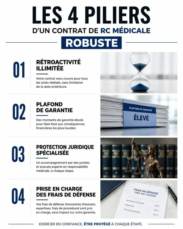 Infographie des critères de choix pour une assurance RC médicale performante