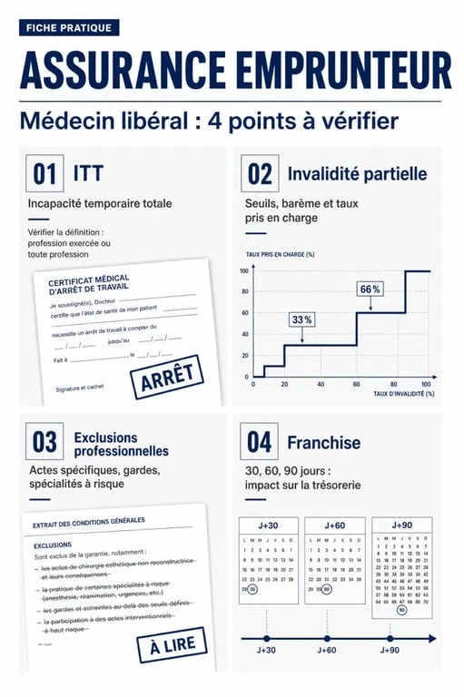 Assurance prêt médecin libéral : schéma éditorial des garanties ITT, invalidité, exclusions et franchise