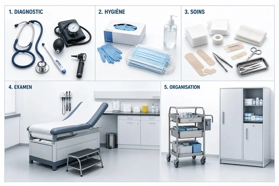 Outil medecin : cabinet médical de médecin généraliste avec matériel de diagnostic, hygiène et mobilier organisé