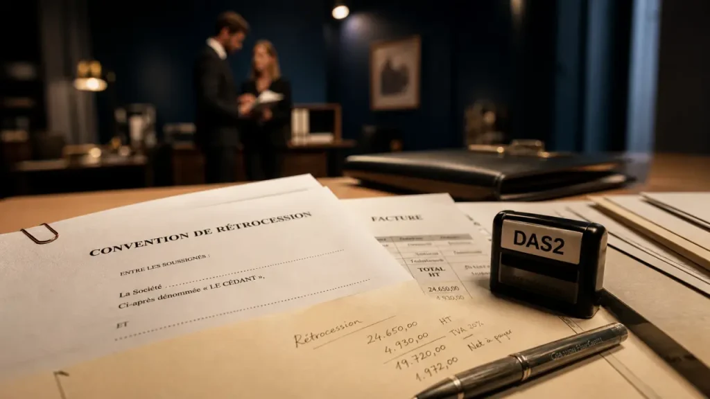 Retrocession honoraires DAS2 2 400 € TTC, documents et calculs