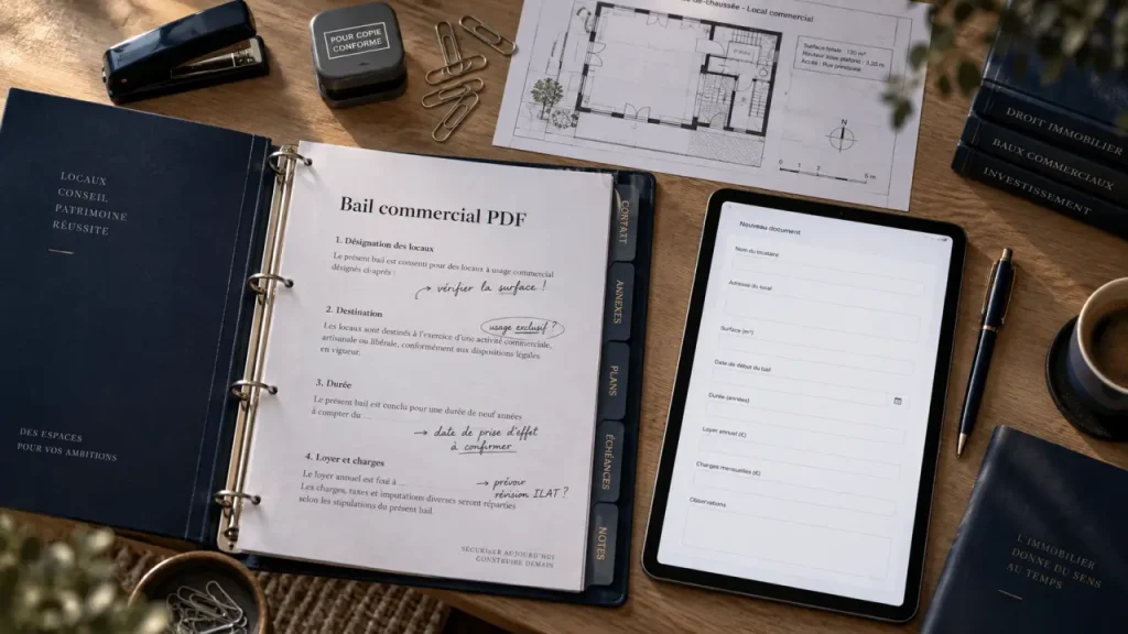 bail commercial pdf sur table avec formulaire à remplir