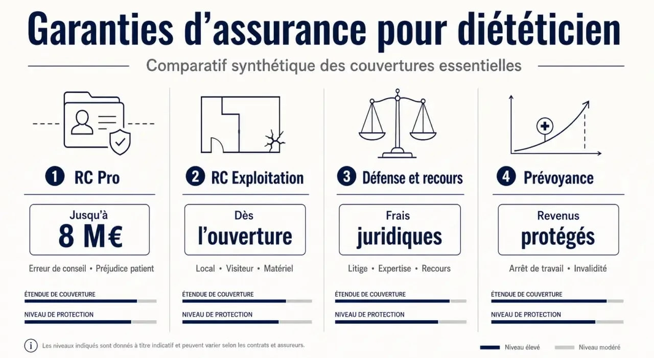 Assurance diététicien : comparaison des garanties RC Pro, RC Exploitation, défense et recours et prévoyance