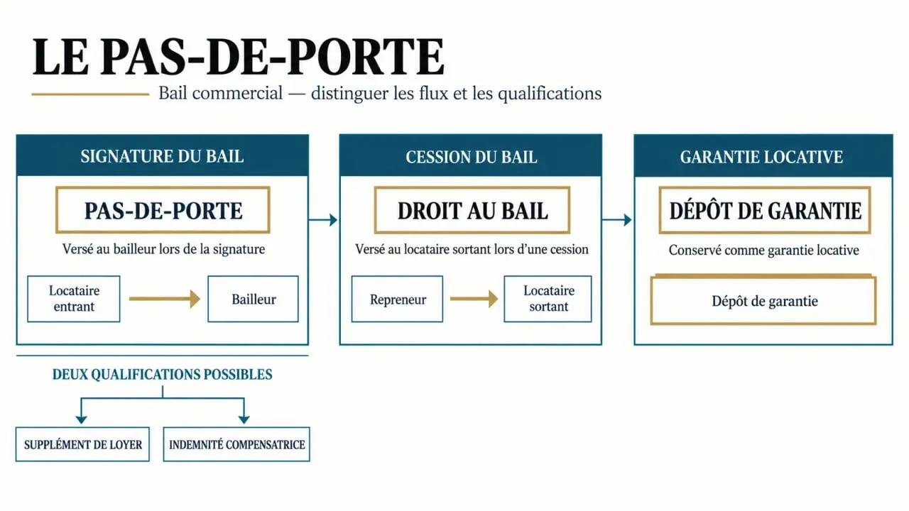 Infographie sur le pas-de-porte dans un bail commercial, le droit au bail et le dépôt de garantie
