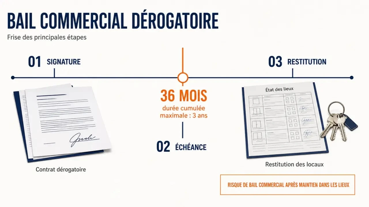 Infographie sur le bail commercial dérogatoire et sa durée cumulée maximale de trois ans