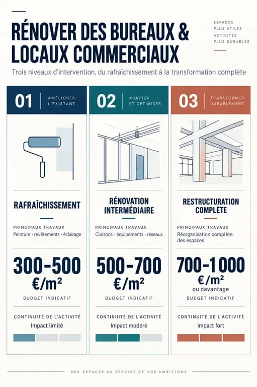 Infographie sur les travaux de rénovation de bureaux et de locaux commerciaux selon le niveau de chantier et le budget au mètre carré