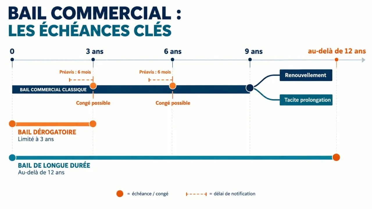 Infographie sur la durée du bail commercial, les échéances 3-6-9 et le seuil de 12 ans