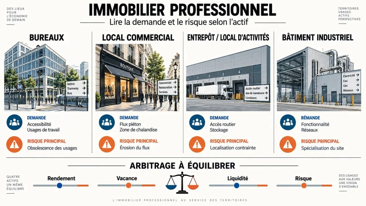 Infographie sur l’investissement immobilier professionnel et les risques selon le type d’actif