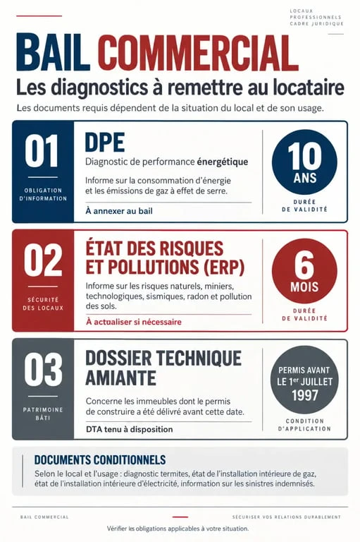 Infographie des diagnostics obligatoires du bail commercial : DPE, ERP et amiante