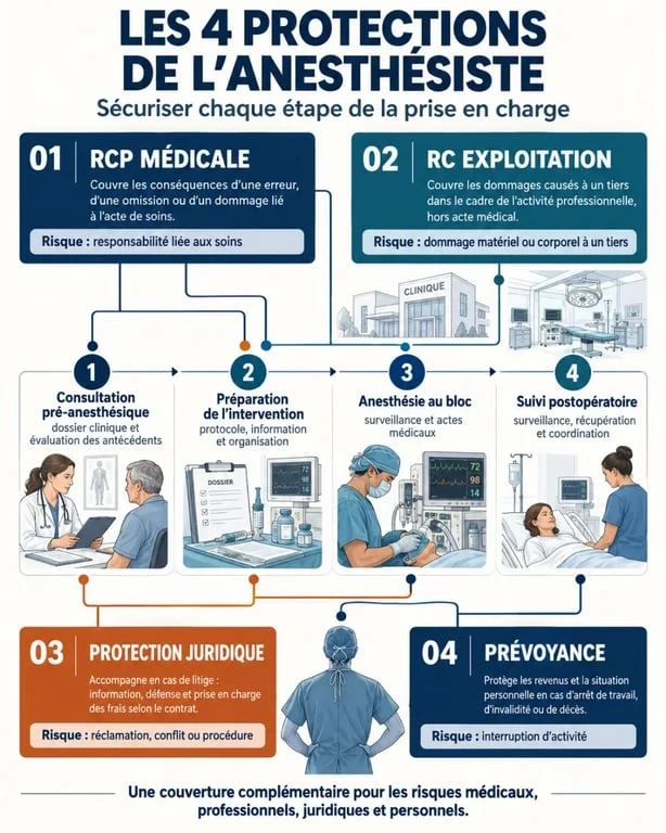 Infographie des garanties d'une assurance anesthésiste : RCP, RC exploitation, protection juridique et prévoyance