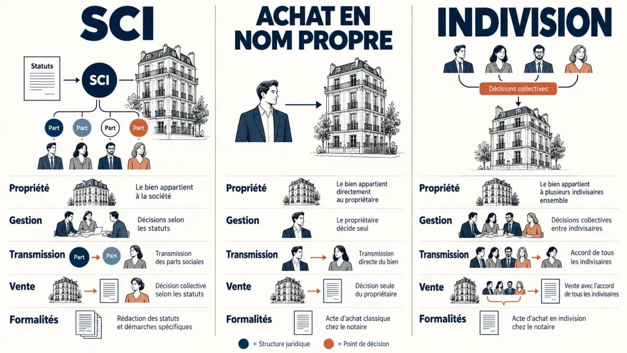 Achat immobilier par SCI : comparaison visuelle entre SCI, achat en nom propre et indivision
