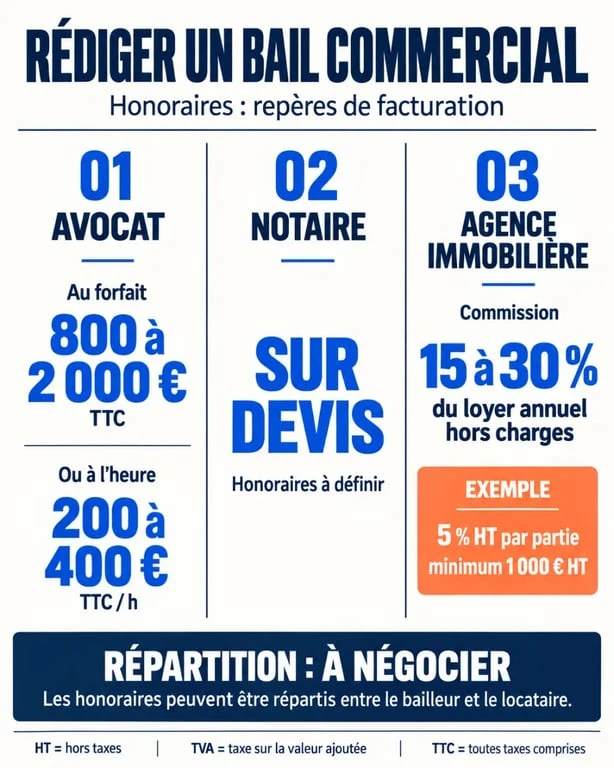 Infographie sur les honoraires de rédaction d’un bail commercial selon le professionnel et la répartition entre bailleur et locataire