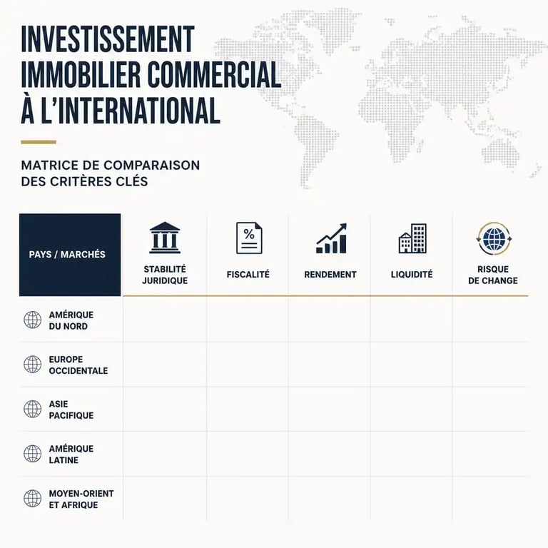 Investir dans l'immobilier commercial à l'international pour les entreprises : infographie comparant stabilité, fiscalité, rendement et risque des marchés