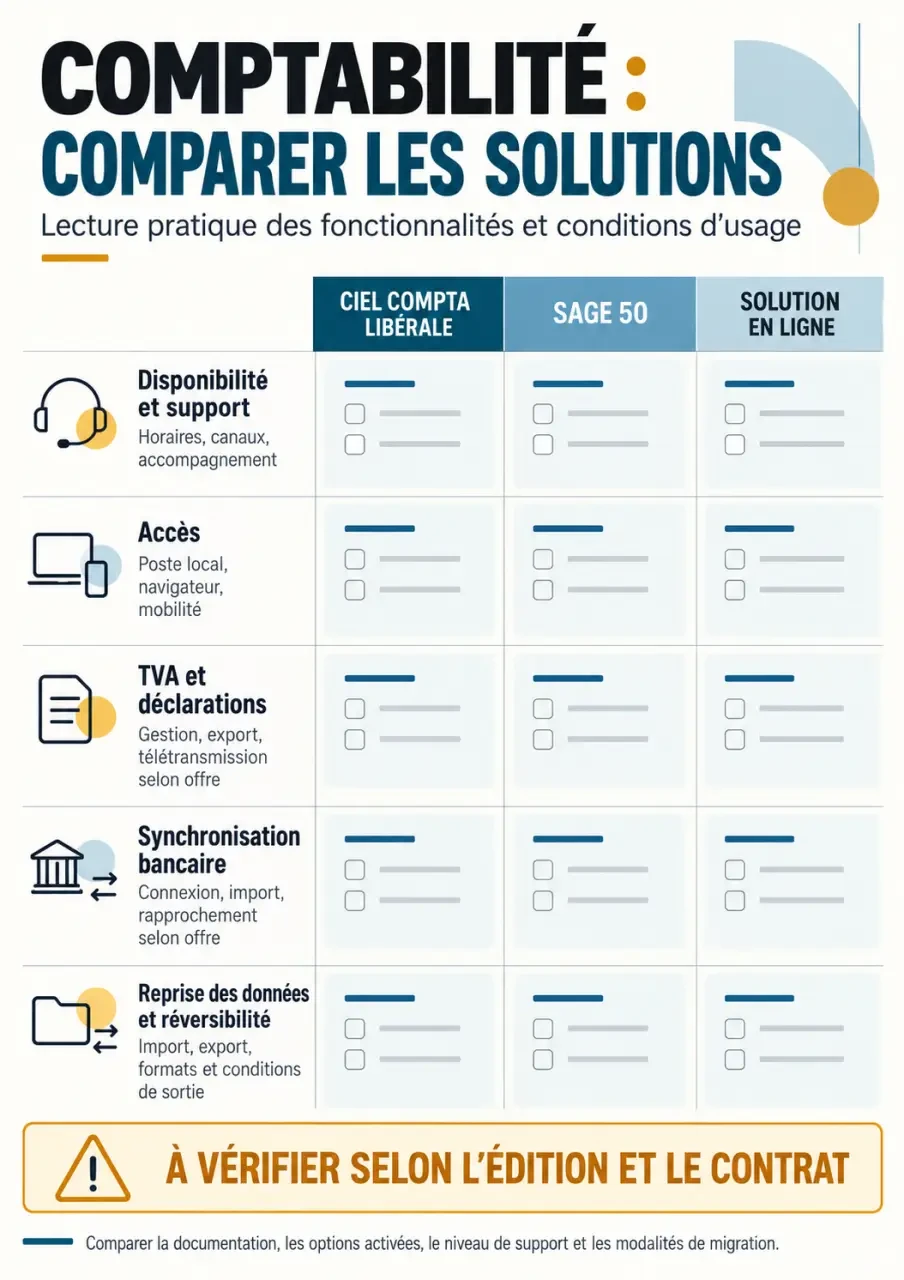 Infographie comparative entre Ciel compta libérale, Sage 50 et une solution en ligne
