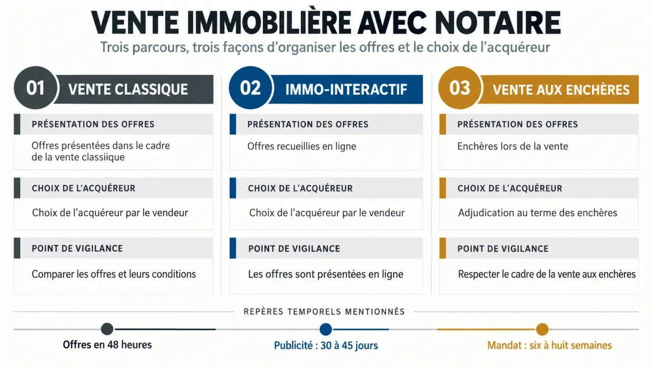 Vente immobilière notaire : comparaison des parcours classique, Immo-Interactif et vente aux enchères