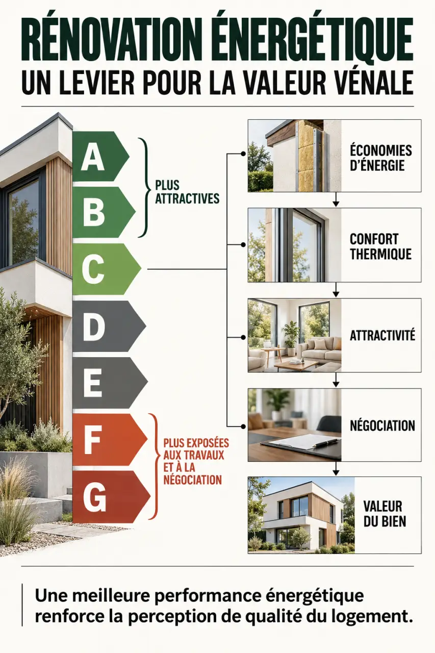 Infographie sur l’impact de la rénovation énergétique sur la valeur vénale immobilière et le rôle du DPE